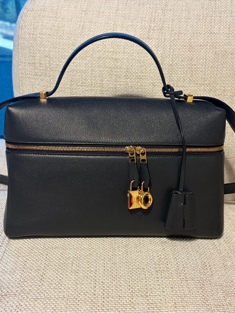 Loro Piana Black Leather Top-Handle Crossbody with Gold Hardware Accents
